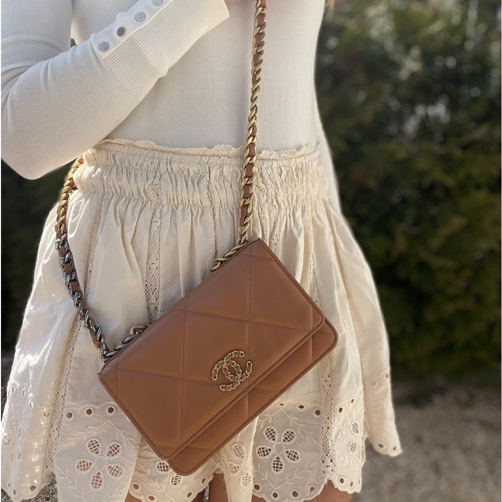 Chanel Brown Quilted Lambskin 19 Wallet on Chain Gold and Ruthenium Hardware